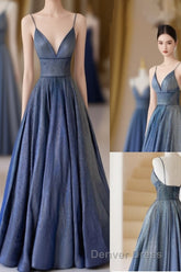 Blue V-Neckline Straps Low Back A-Line Prom Dresses, Blue Long Evening Dresses