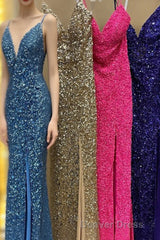 Mermaid Purple Sequin Long Prom Dresses with Slit
