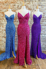 Mermaid Purple Sequin Long Prom Dresses with Slit