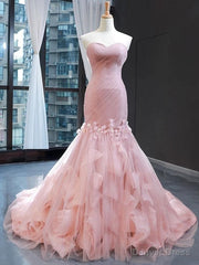 Pink Tulle Princess Wedding Dress Strapless Pink Long Prom Dress with ruffles Skirt