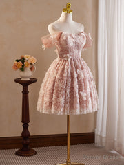 Pink Vintage Off the Shoulder Flower Appliques Homecoming Dress