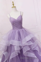 Princess Lavender Sparkly Spaghetti Straps Long Prom Dresses Floor Length Evening Gown
