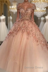 Princess Sparkly Sweetheart Prom Dresses with 3d Flowers, Pink Quinceanera Dresses