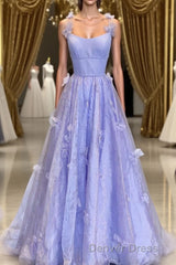 Purple Spaghetti Straps Long A line Prom Gown Handmade Flower Evening Dresses