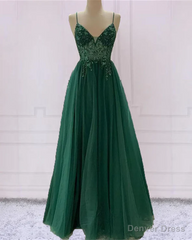Emerald Green Tulle Prom Dress Beaded V Neck