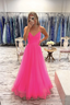 V Neck Hot Pink Tulle Long Prom Dress, Hot Pink Tulle Long Prom Dresses