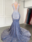 Long Mermaid Prom Dresses Sparkly Diamond Sheer Scoop Neckline Silver Sequined Black Girl Prom Gown