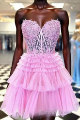 Strapless Sheer Lace Corset Homecoming Dresses with Ruffle Tulle Skirt