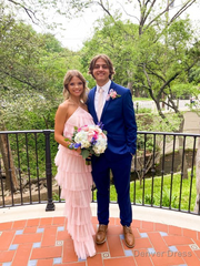 Halter Neck Pink Long Prom Dress Layered Senior Party Dress 2204