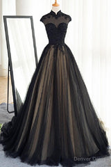 Black Tulle Cap Sleeves Floor Length Long Prom Dresses, Luxury Dresses