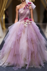 Puffy One Shoulder Sleeveless Tulle Prom Dresses with Flowers, Ruffles Quinceanera Dresses