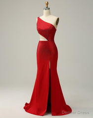 Red Mermaid One Shoulder Long Glitter Prom Dress With Split