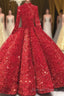 Glitter High Neck Open Back Lace Up Ball Gown Prom Dresses