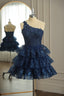 Dark Navy One Shoulder Appliques Multi Layers Tulle Homecoming Dresses
