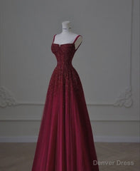 Retro A line Straps Sequin Burgundy Long Party Dress Prom Dresses