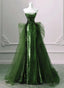 A Line Green Sequins and Tulle Long Prom Dress Green Prom Dress