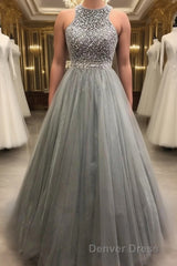Gorgeous c A-line Scoop Beaded Long Prom Dresses Evening Gowns