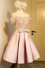 Pink Satin Off The Shoulder Short Prom Dress, Appliques Homecoming Dresses
