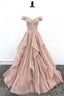 Organza Lace Off Shoulder A Line Cheap Long Prom Dresses