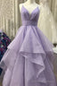 Spaghetti Straps Asymmetrical Long Prom Dresses, Shiny Prom Gowns