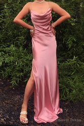 Pink Prom Dresses Sexy Mermaid Cowl Neck Spaghetti Straps Prom Dress