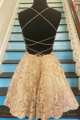 Spaghetti Strap Vintage Gold Lace Applique Criss Cross Short Homecoming Dresses