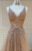 modest tulle V Neck A Line long lace prom Dresses Prom Gown