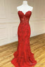 Strapless Sweetheart Neck Mermaid Red Lace Long Prom Dress, Mermaid Red Lace Prom Dress, Red Lace Prom Dresses