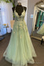 Straps Sage Green Appliques A Line Long Prom Dresses