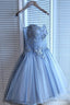 Sweetheart Strapless Homecoming Dress, Beads Blue Lace Up Tulle Short Prom Dresses