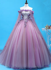Light Purple Tulle Long Sweet 16 Gown, Flowers Quinceanera Dress