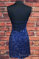 Lace-Up Navy Blue Tight Mini Party Dresses