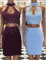 Two Piece Tight Short Burgundy-Blue Homecoming Dresses with Key Hole