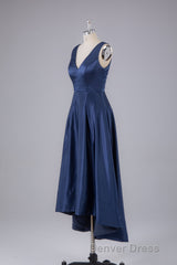 A Line Formal Satin V Neck High-Low Prom Dresses