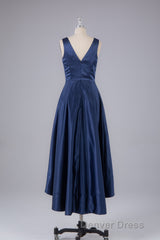 A Line Formal Satin V Neck High-Low Prom Dresses