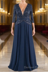 Navy V-Neck Long Sleeves Lace Appliques Chiffon Prom Dresses