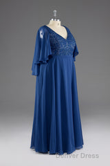 A-line V-Neck Short Sleeves Chiffon Mother of The Bride Dresses