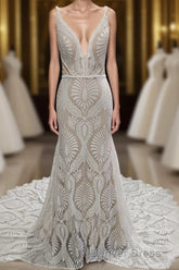 Elegant Spaghetti Straps V Neck Mermaid Lace Wedding Dresses