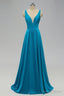Elegant A Line Sexy V Neck Gold Long Modest Side Slit Blue Bridesmaid Dresses