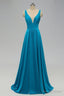 Elegant A Line Sexy V Neck Gold Long Modest Side Slit Blue Bridesmaid Dresses