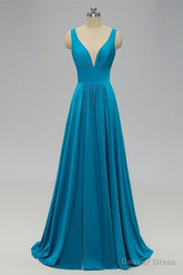 Elegant A-Line Sexy V Neck Gold Long Modest Side-Slit Blue Bridesmaid Dress