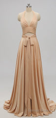 Elegant A-Line Sexy V Neck Gold Long Modest Side-Slit Bridesmaid Dresses