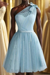 One Shoulder Blue Homecoming Dresses With Bowknot