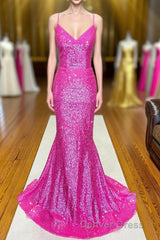 Fuchsia Mermaid Backless Sequined Prom Dresses