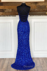 Mermaid Spaghetti Straps Royal Blue Sequins Long Prom Dresses