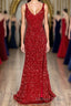 Sheath Spaghetti Straps Red Sequins Prom Dresses with Split Front