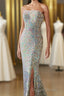 Silver Strapless Lace Up Sequins Long Prom Dresses with Slit