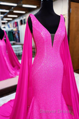 Hot Pink Mermaid Prom Dresses With Wateau Train
