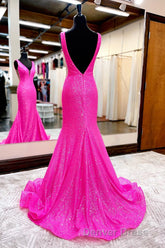 Hot Pink Mermaid Prom Dresses With Wateau Train
