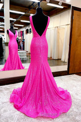 Hot Pink Mermaid Prom Dresses With Wateau Train
